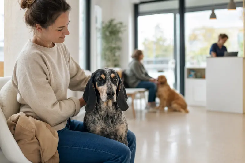 Ein Kleiner Blauer Gascogne Laufhund sitzt ruhig neben seinem Besitzer im hellen Wartezimmer einer modernen Tierarztpraxis.